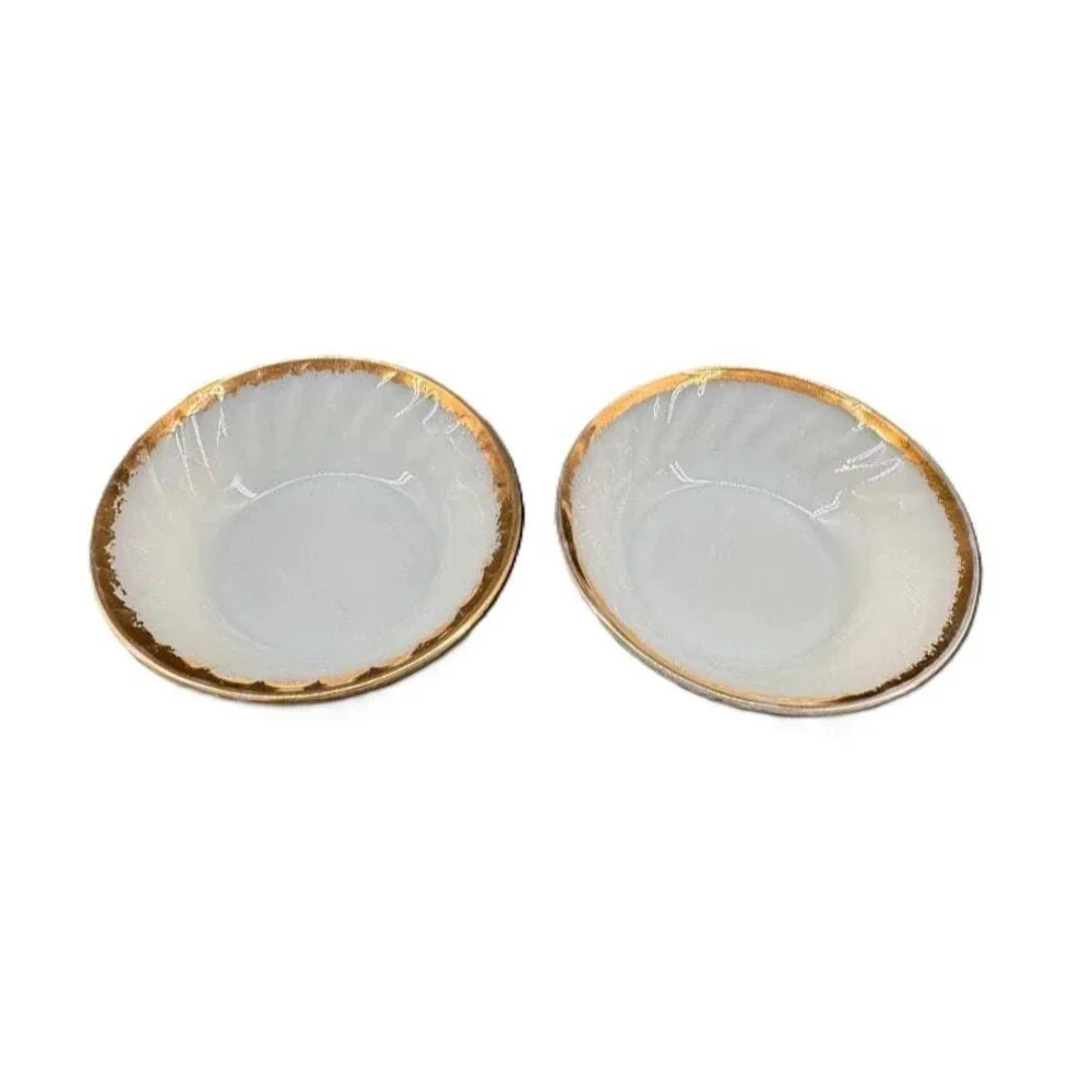 FIRE KING Milk Glass Bowls 22k Gold Rim Swirl Vintage Anchor Hocking Set of 2